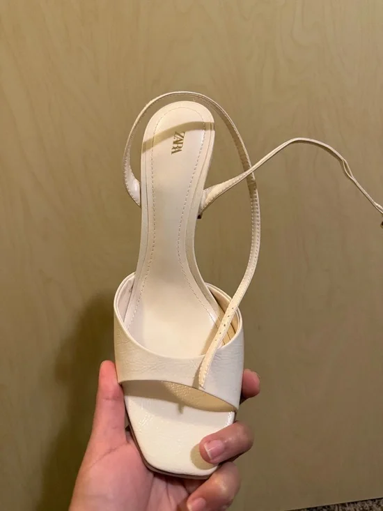 Zara Cream Patent Square-Toe Slingback Heels - Picture 3 of 3